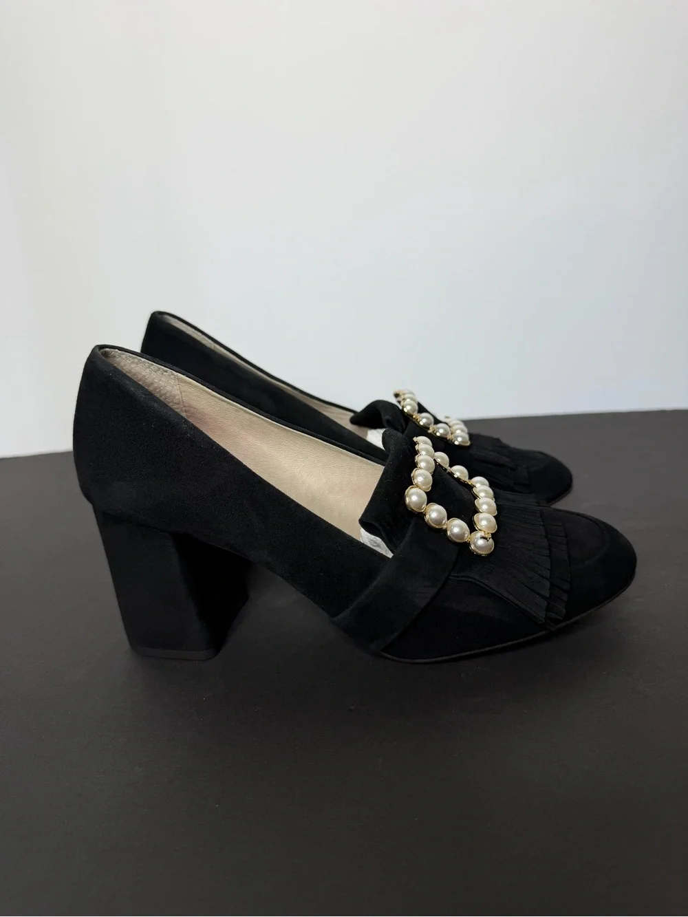 Louise et Cie Black Suede Pearl-Buckle Fringe Pumps